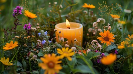 candle in a wreath of flowers.