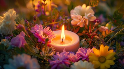 candle in a wreath of flowers.