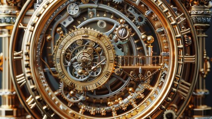 Fototapeta na wymiar A clock with gold roman numerals and gears. The clock is a work of art and not a functional timepiece
