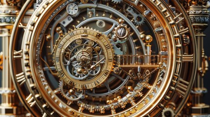 Obraz premium A clock with gold roman numerals and gears. The clock is a work of art and not a functional timepiece