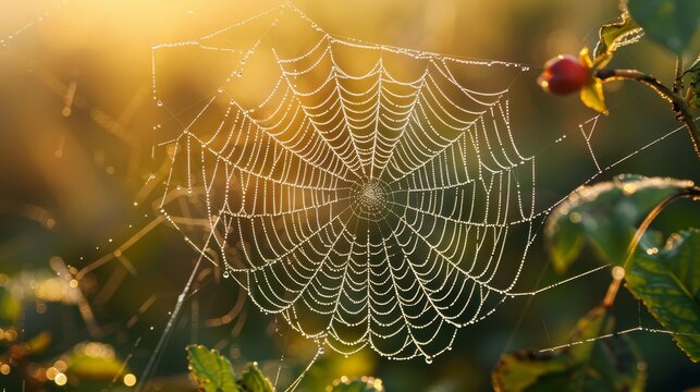 A spider web is shown in the image, with a spider sitting in the center. The web is covered in dew, giving it a serene and peaceful appearance. The spider is surrounded by leaves and branches