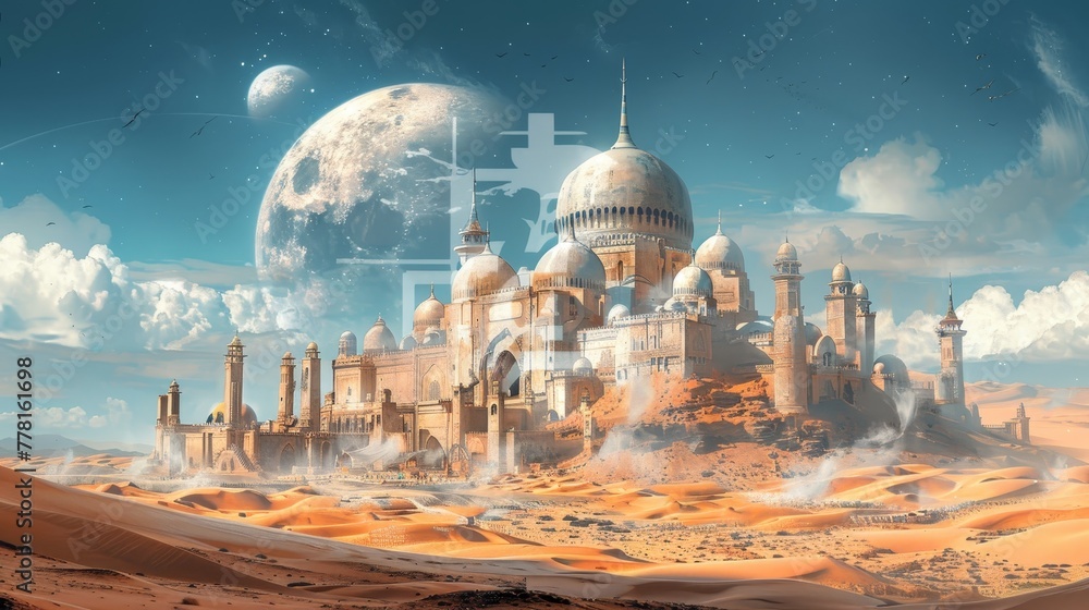 Poster a large building with a dome on top and a moon in the background. the sky is cloudy and the building
