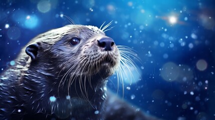 Playful stellar otter amidst sparkling celestial waters - obrazy, fototapety, plakaty