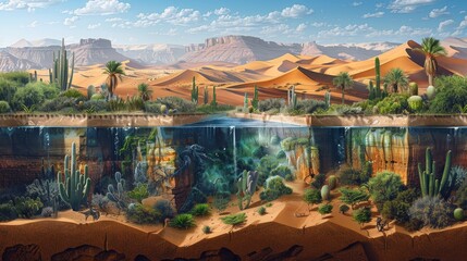 A desert landscape with a river running through it. The desert is full of cacti and other plants - obrazy, fototapety, plakaty