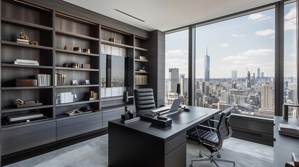 Modern executive office with cityscape view and contemporary furniture
