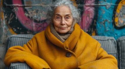 an older woman sitting on a couch in front of a wall with graffiti on it and wearing a yellow coat.