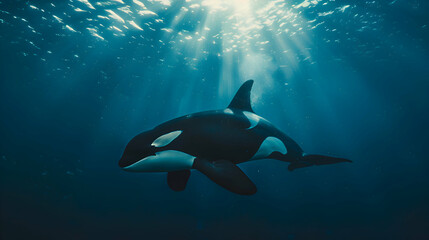 Majestic orca gliding gracefully through the azure depths, framed by a soft, ethereal blur of ocean currents