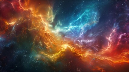 A colorful space scene with a bright orange cloud in the middle. The sky is filled with stars and the colors are vibrant