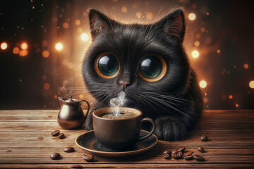 A black cat with big eyes sits at a wooden rustic table in front of a cup of coffee.