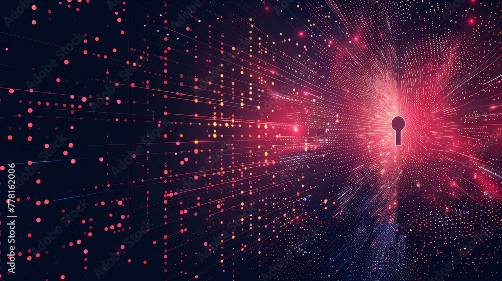 Poster a colorful image of a keyhole surrounded by a galaxy of dots. the keyhole is red and the dots are in