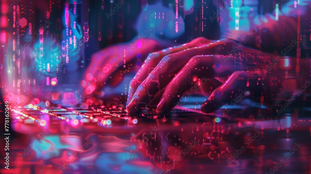 Poster a person is typing on a keyboard in a colorful, abstract background. concept of creativity and techn