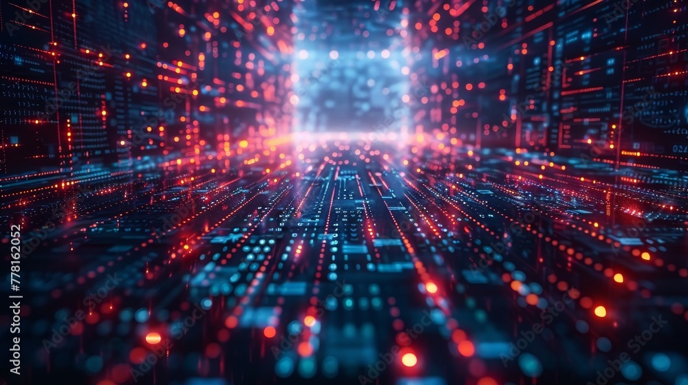 Poster a computer generated image of a futuristic cityscape with a blue sky and red lights. the image is fu