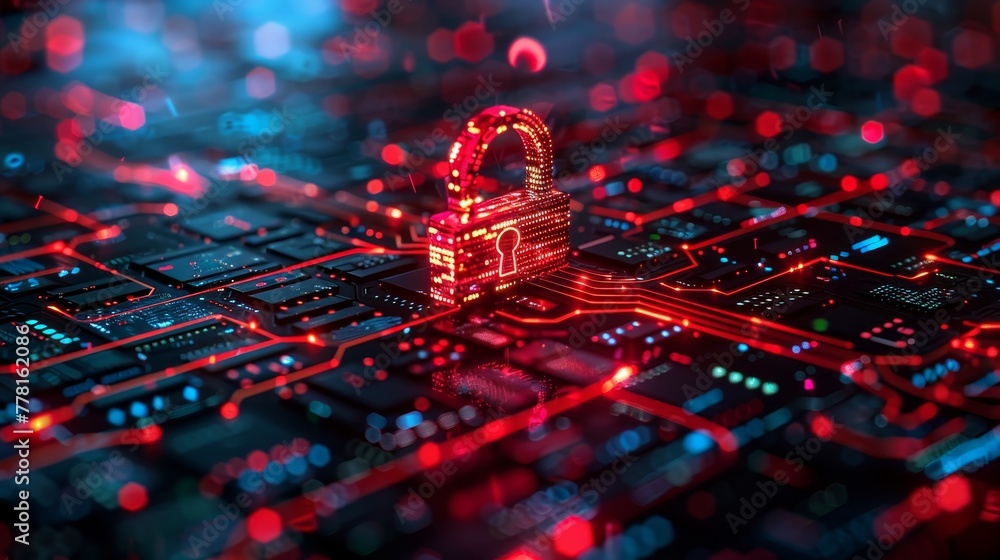 Wall mural a red and blue computer chip with a lock on it
