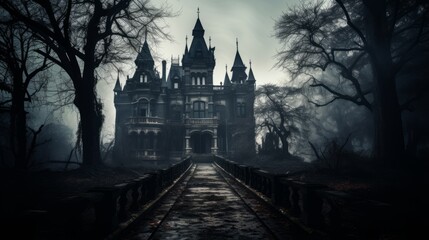 Fototapeta na wymiar Sinister haunted mansion with crumbling architecture and fog