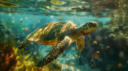 Obraz premium Majestic sea turtle gracefully gliding through crystal-clear waters, surrounded by vibrant marine life, with a serene blurred oceanic backdrop