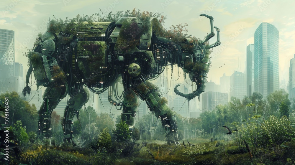 Aufkleber a large robot elephant is walking through a forest with a city in the background. the robot elephant