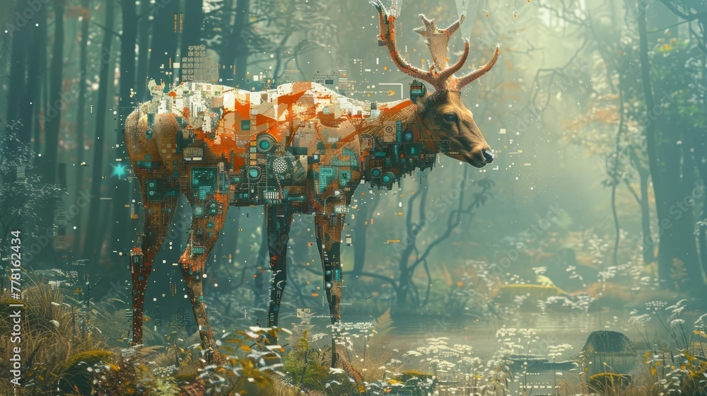Poster a deer is standing in a forest with a car in the background. the deer is a mix of different colors a