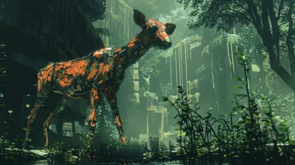 Fotobehang A large, rotting deer stands in a lush, green forest. The scene is eerie and unsettling, with the decaying animal adding to the overall sense of decay and death © Sodapeaw