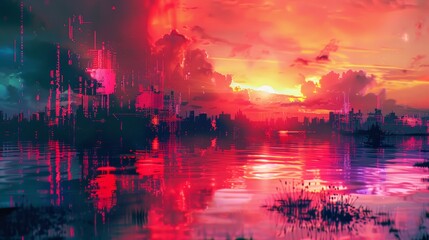 A city skyline is reflected in the water, with a bright orange sun in the background. The colors are vibrant and the scene is peaceful