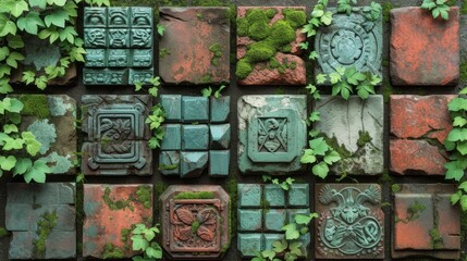 a close up of a wall made of bricks with plants growing on the sides of the bricks and on the sides of the bricks.
