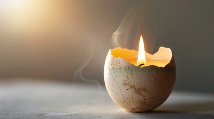candle in a white egg shell with fog. - obrazy, fototapety, plakaty
