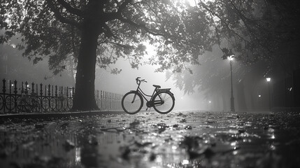 A solitary bicycle stands resilient in the rain-drenched urban landscape, its silhouette a testament to endurance and tranquility-1 - obrazy, fototapety, plakaty