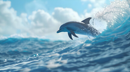 Fototapeta premium Playful dolphin leaping gracefully amidst the azure waves, with a serene horizon in the backdrop