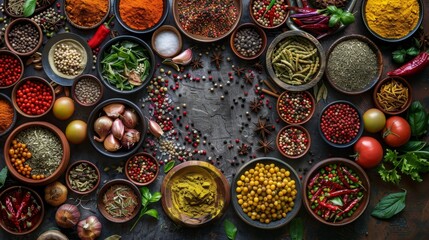 A variety of spices and herbs are displayed in bowls on a counter. The spices include cumin, paprika, and chili flakes. The bowls are arranged in a circle, with some placed closer to the center