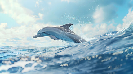 Playful dolphin leaping gracefully amidst the azure waves, with a serene horizon in the backdrop