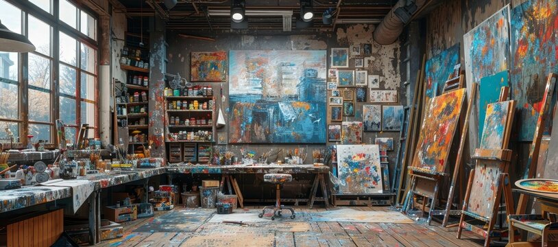 A messy art studio with a large painting on the wall. The room is filled with various art supplies, including paint, brushes, and easels. The atmosphere is creative and chaotic