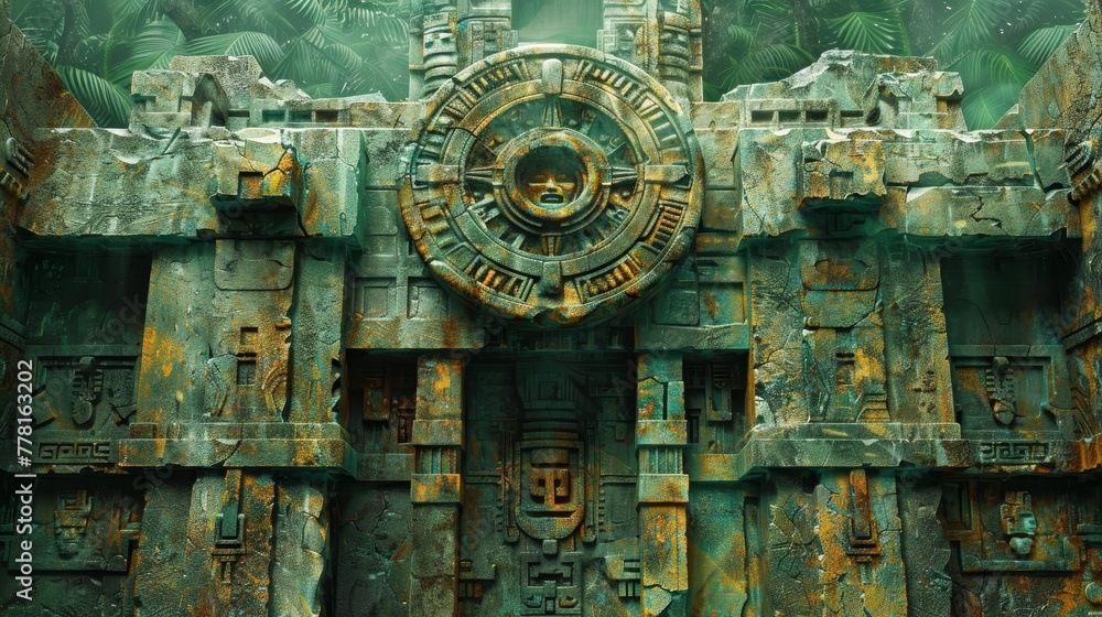 Poster a large stone structure with a greenish hue and a circular design. the stone structure is surrounded