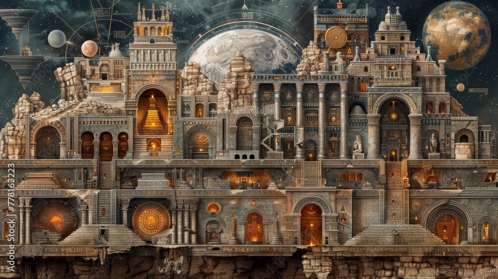 Poster a large building with a lot of windows and a clock tower. the building is surrounded by a lot of oth