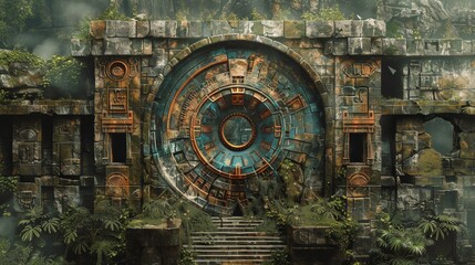 A large blue and orange circle with a stone wall in the background. The scene is set in a jungle-like environment with a lot of greenery