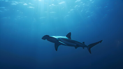 Obraz premium Solitary hammerhead shark patrolling the depths of the ocean, its silhouette stark against a softly blurred expanse of deep blue sea