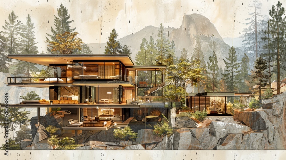 Poster a house with a lot of windows and a large mountain in the background. the house is a three story hom