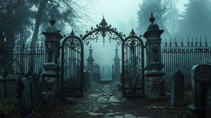 A Gothic-inspired gate adorned with medieval gargoyles and ornate ironwork, opening onto a...