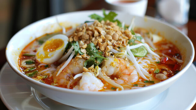 Traditional vietnamese spicy noodle soup with shrimp