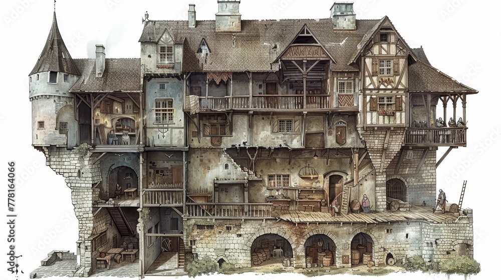 Poster the image is a drawing of a large, old building with many windows and a lot of detail. scene is one 