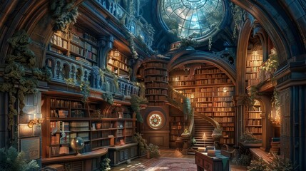 A large room with a lot of books and a clock on the wall. The room has a cozy and inviting atmosphere - obrazy, fototapety, plakaty