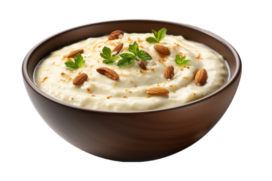 Traditional Indian sweet dish, Pakistani dessert Almond kheer on isolated background
