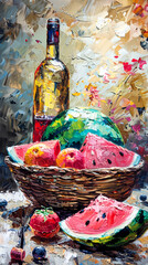 Fototapeta premium Still life with watermelon and bottle of white wine on wooden table. Oil painting.