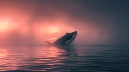 The immense bulk of a bowhead whale emerging from the depths, its form silhouetted against the soft hues of a pastel sunrise, a breathtaking sight of nature's grandeur
