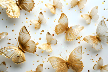 Gold butterflies pollinating on white background, closeup macro photography