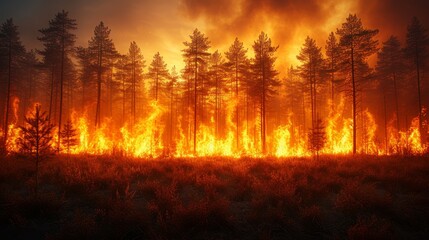a fire burning in the middle of a forest filled with lots of orange and yellow fire raging through a forest filled with lots of tall trees. - obrazy, fototapety, plakaty