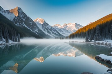 lake in the mountains | reflection in the mountains | lake in the morning | lake in winter | landscape with mountains and lake | snow covered lake and mountain