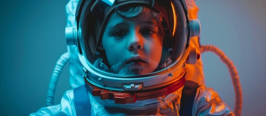A child in a helmet enclosed in a space suit - obrazy, fototapety, plakaty