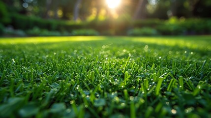 Naklejka premium the sun shines through the trees in the background of a green lawn with grass and water droplets on it.