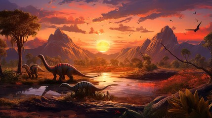A breathtaking sunrise over a land inhabited by dinosaurs - obrazy, fototapety, plakaty
