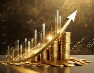3d rendering of stacked gold coins with a rising arrow, representing financial prosperity