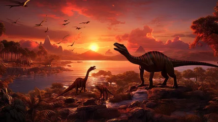 Selbstklebende Fototapeten A breathtaking sunset over a landscape filled with dinosaurs © Cloudyew